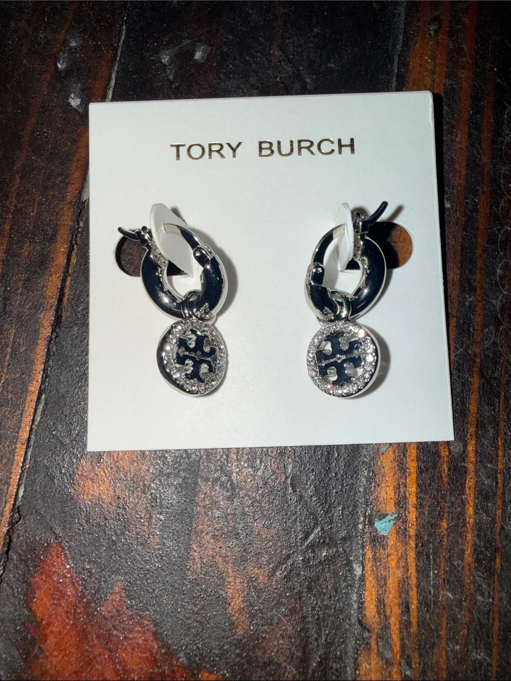 Tory Burch Silver Logo Drop Hoop Earrings